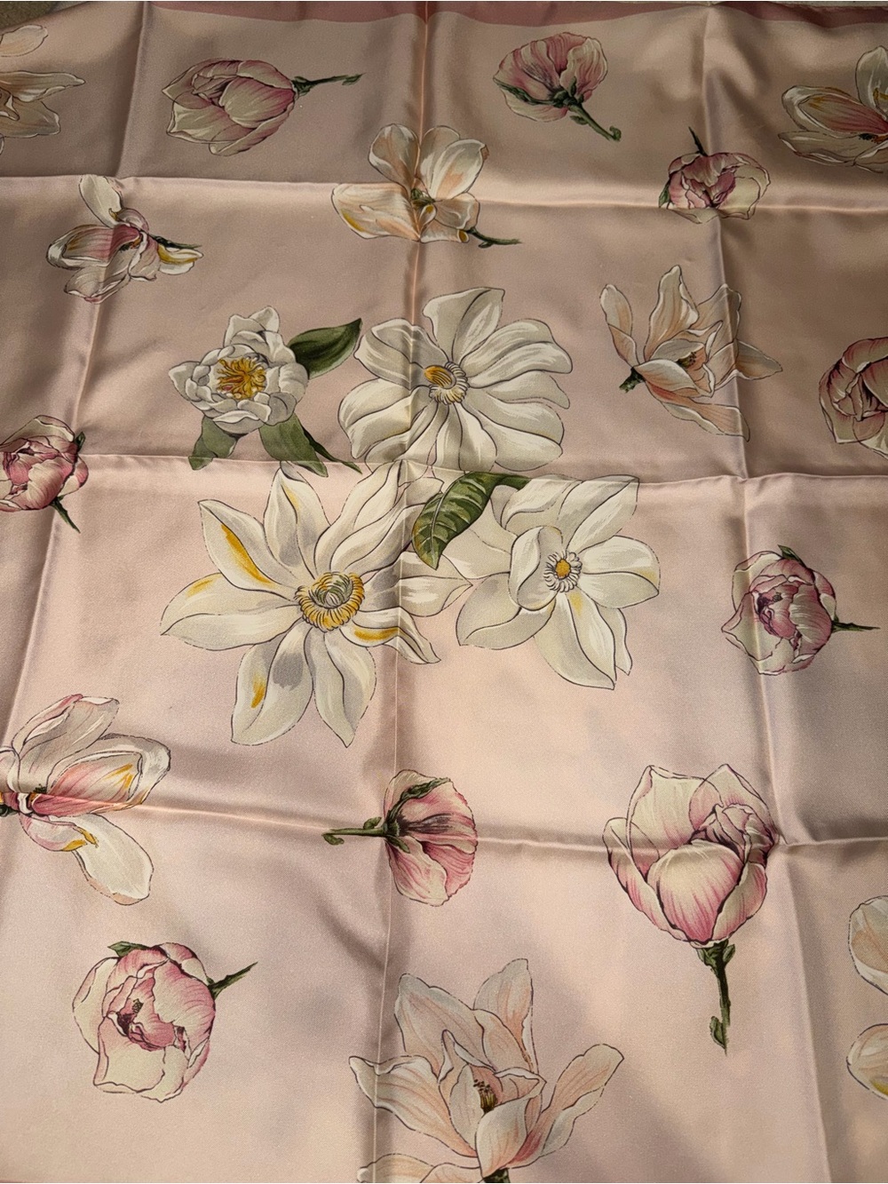 Tiffany & Co. Pink Floral Silk Scarf with Cream Blooms